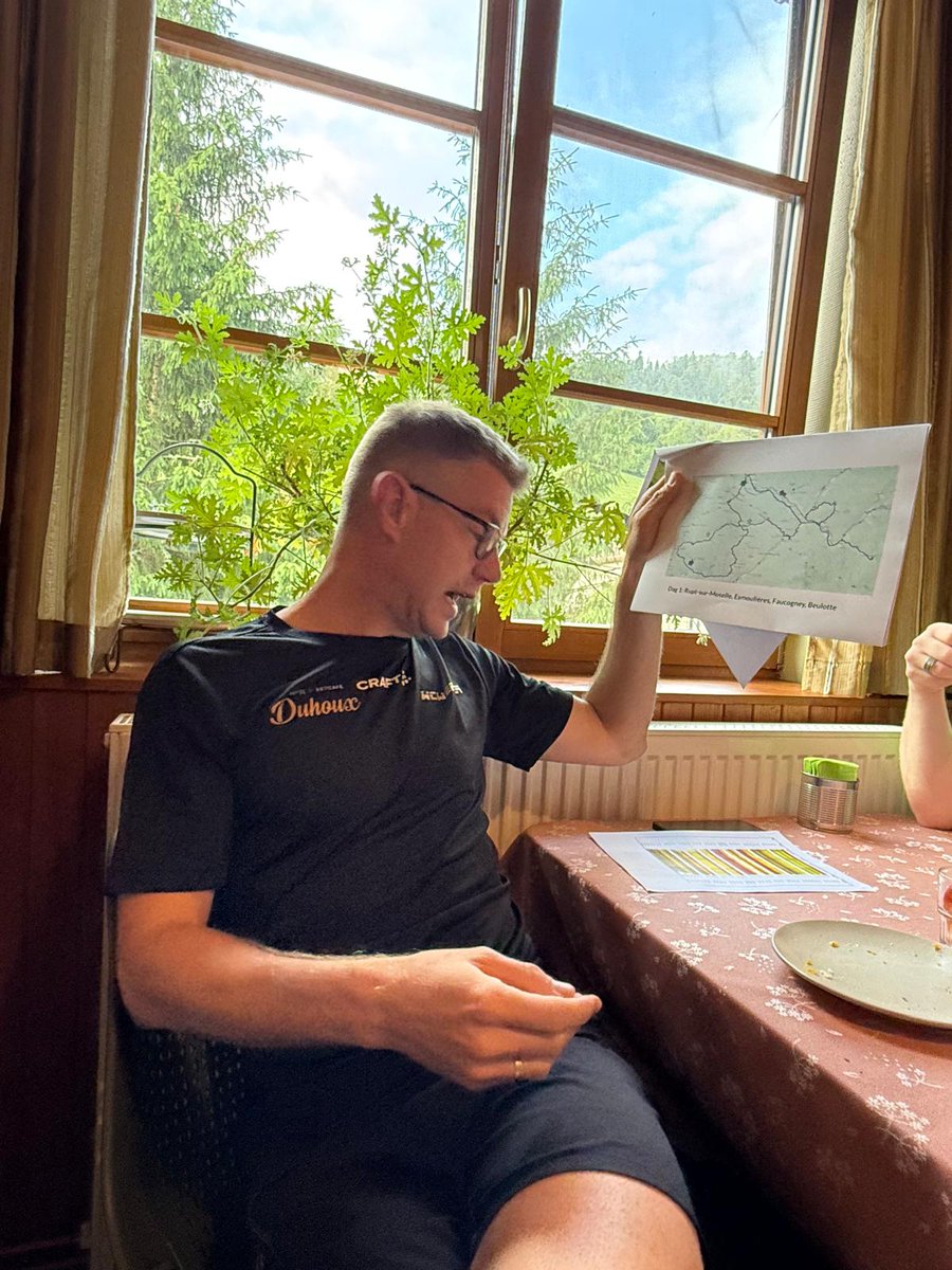 Na een voortreffelijke maaltijd is het nu tijd voor het avondvertier, vandaag is dit kubben met een soepel rood wijntje in de hand. 
Morgen fietsen we naar het hoogste punt (Grand Ballon - 1423mtr) van de week.