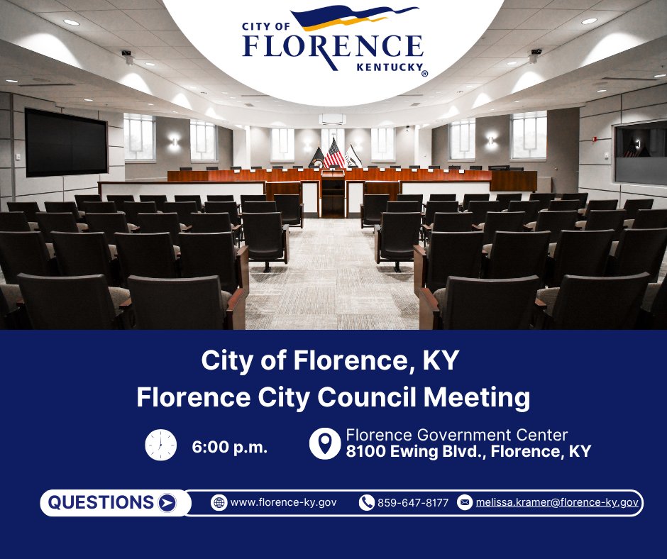 📣 Florence City Council Special Meeting is tomorrow, June 17 at 6PM at the Florence Government Center. Agenda includes zoning updates, development plans, budget adoption, &amp; more.
📄 Agenda: ow.ly/rn8l50Waklo
📺 Watch live: ow.ly/8BwZ50Waklm
#FlorenceKY #CityCouncil