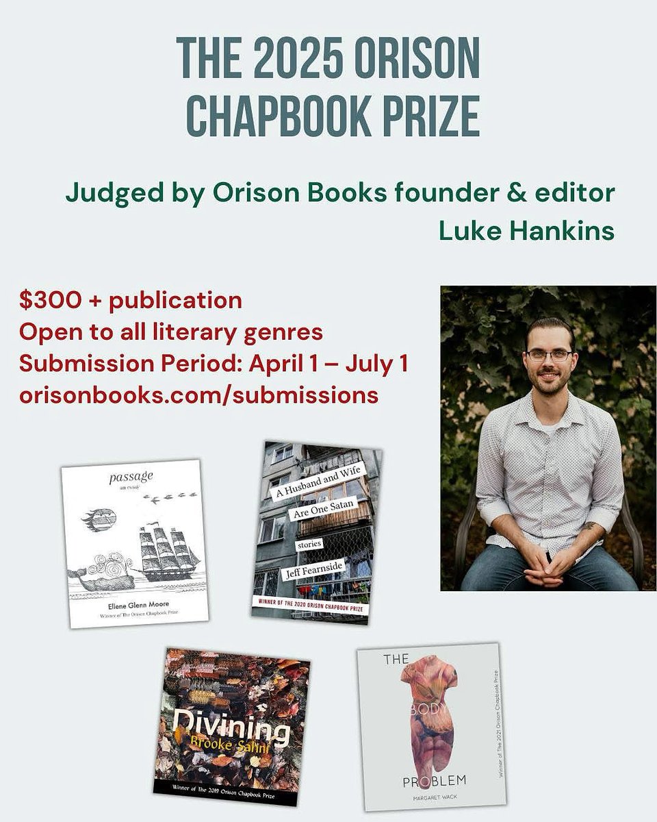 OrisonBooks's tweet image. 📣 2 weeks left to enter!! 📣

We&apos;re accepting submissions for The Orison Chapbook Prize through July 1! Open to all literary genres. The winner will be selected by our founder and editor, Luke Hankins, &amp;amp; will receive $300 and publication.

bit.ly/4aDhqdm