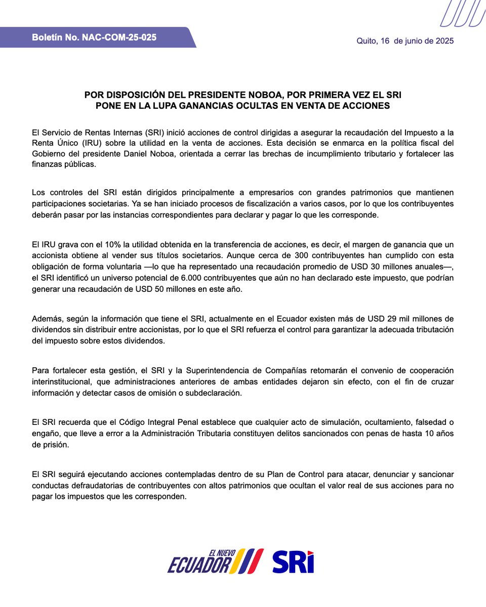#BoletínSRI

Por disposición del Presidente <a href="/DanielNoboaOk/">Daniel Noboa Azin</a>, el SRI pone en la lupa ganancias ocultas en venta de acciones.

#ElNuevoEcuador