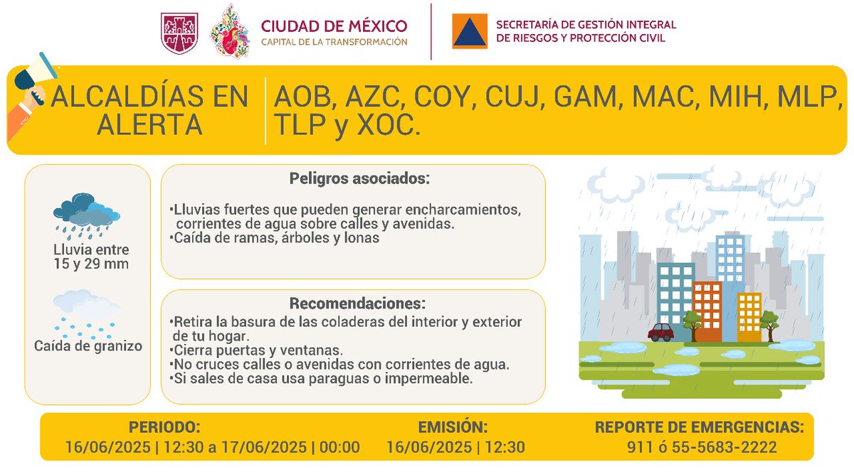 Se activa #AlertaAmarilla por persistencia de #lluvias fuertes y caída de #granizo para la tarde y noche de este lunes en: <a href="/AlcaldiaAO/">Alcaldía Álvaro Obregón</a>, <a href="/AzcapotzalcoMx/">Alcaldía Azcapotzalco</a> , <a href="/Alcaldia_Coy/">Alcaldía de Coyoacán</a>, <a href="/cuajimalpa_gob/">Alcaldía Cuajimalpa</a>, <a href="/TuAlcaldiaGAM/">Alcaldía Gustavo A. Madero</a>, <a href="/ALaMagdalenaC/">Alcaldía La Magdalena Contreras</a>, <a href="/AlcaldiaMHmx/">Alcaldía Miguel Hidalgo</a>, <a href="/GobMilpaAlta/">Alcaldía Milpa Alta</a>, <a href="/TlalpanAl/">Alcaldía Tlalpan</a> y <a href="/XochimilcoAl/">Alcaldía Xochimilco</a>.
