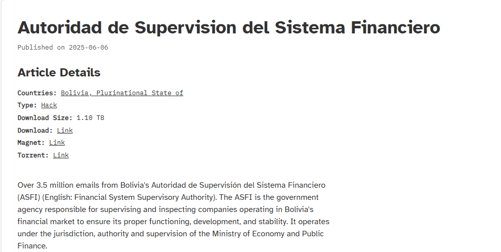 chum1ng0's tweet photo. #Bolivia🇧🇴: El grupo Distributed Denial of Secrets (DDoSecrets) publicó el 6 de junio a la Autoridad de Supervision del Sistema Financiero (ASFI Bolivia). @asfibolivia
Más de 3,5 millones de correos electrónicos fueron filtrados #LeakData #leaked #leak. https://t.co/f0UkzuvrWq