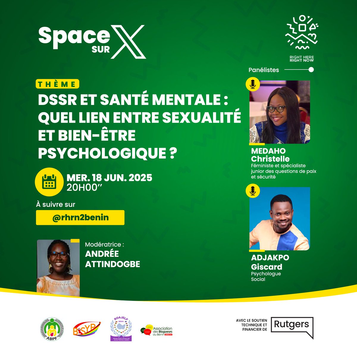 C'est le grand retour des Spaces sur <a href="/rhrn2benin/">Ici et Maintenant</a> ! 🤩

Et si on parlait du lien entre santé mentale &amp; santé sexuelle et reproductive ?

Rejoignez-nous ce mercredi à 20h avec <a href="/MardocheeMedaho/">MEDAHO Christelle Mardochée</a> &amp; <a href="/Giscard_Crystal/">Giscard Crystal</a>
🎤 Modération : <a href="/lu7att/">Andrée ATTINDOGBE</a>

#rhrn2benin
#icietmaintenant
