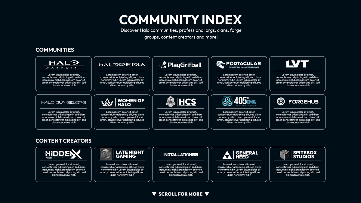 HaloRespawn's tweet photo. The #CommunityIndex will be a place for new and old fans of Halo to find their place in the Halo community.
It's a directory of creators, communities, clans, orgs, artists, and those who bring dedication and value to Halo.
🟢Applications open on 6/23/25
Here is a concept of what to expect: