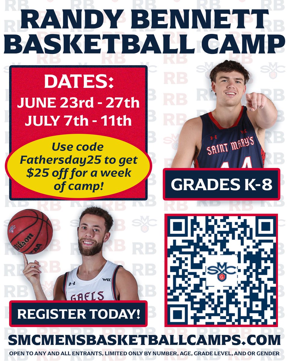 Summertime is in full swing and so are Randy Bennett Basketball Camps!

Haven’t gotten a chance to make one of our camps? We’ve got a deal for you! Today only, use code Fathersday25 for $25 off a week of camp.

Register now:
🔗 smcmensbasketballcamps.com

#GaelsRise