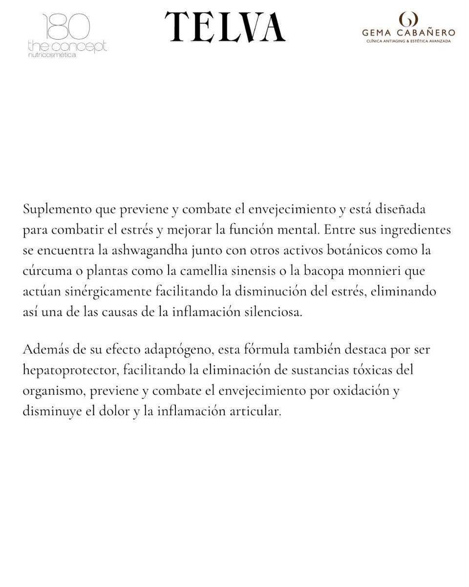 Gema Cabañero, directora de I+D+i de 180 the concept y experta en envejecimiento, ha hablado con la revista Telva del fascinante poder de los adaptógenos para regular nuestro estrés y prolongar la juventud, como sucede con la fórmula e7.