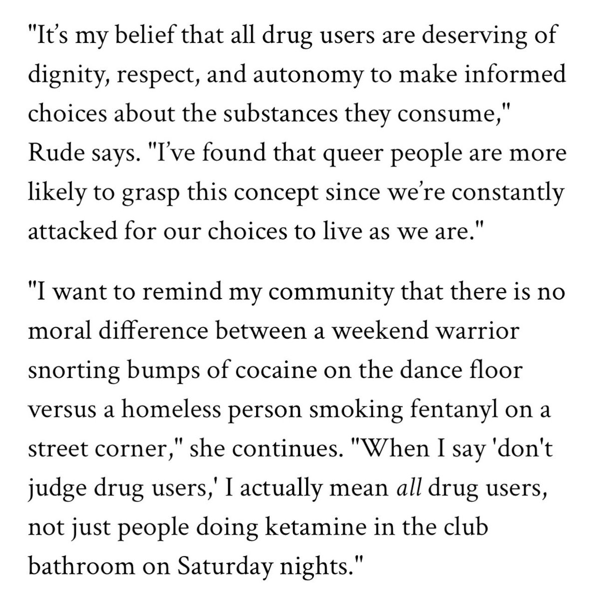 KOCHINA RUDE (@kochinarude) on Twitter photo “I want to remind my community that there is no moral difference between a weekend warrior snorting bumps of cocaine on the dance floor versus a homeless person smoking fentanyl on a street corner”
❤️ <a href="/TheAdvocateMag/">The Advocate</a> “I want to remind my community that there is no moral difference between a weekend warrior snorting bumps of cocaine on the dance floor versus a homeless person smoking fentanyl on a street corner”
❤️ <a href="/TheAdvocateMag/">The Advocate</a>