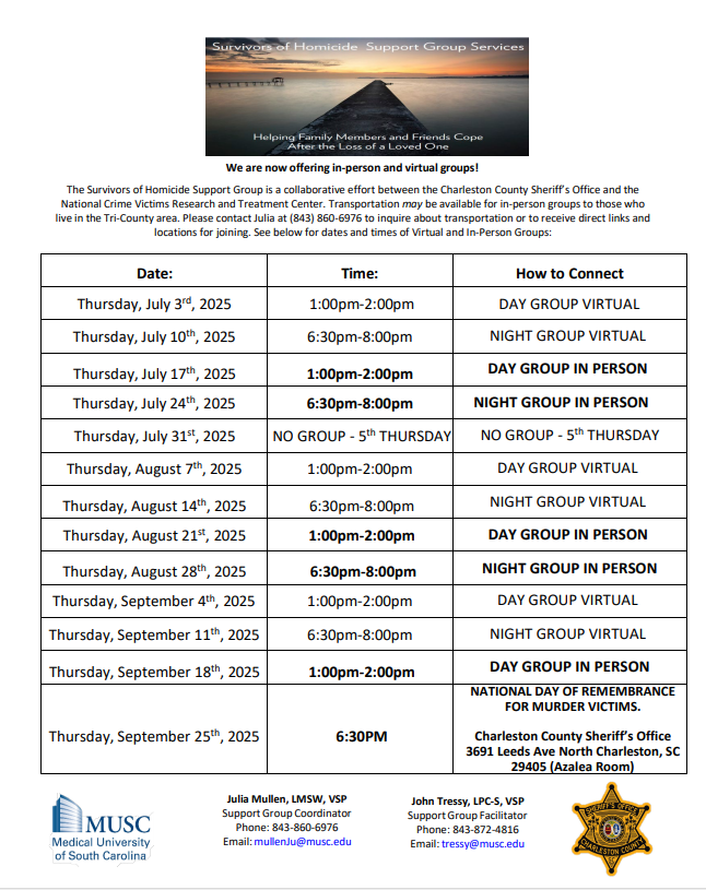 Join us for upcoming Survivors of Homicide Support Group meetings—now offered both in-person and virtually. These sessions provide a safe, compassionate space to help loved ones heal.

📍See flyer for dates, times, and details.