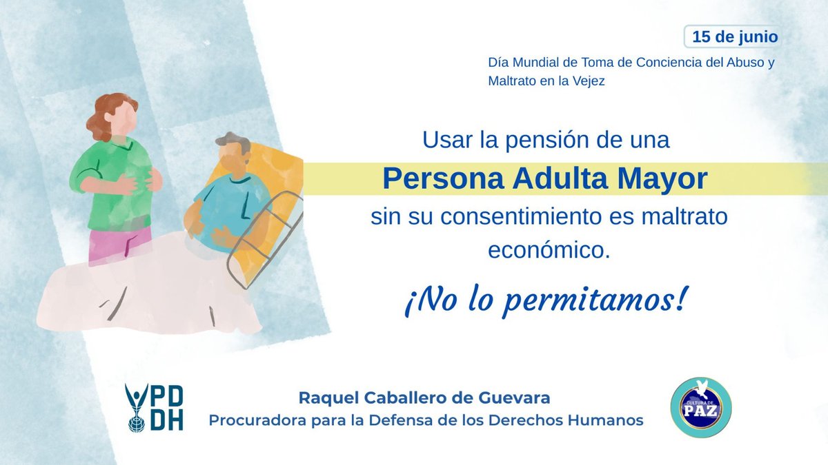 PDDH El Salvador (@pddhelsalvador) on Twitter photo En el marco de la conmemoración del Día Mundial de Toma de Conciencia del Abuso y Maltrato en la Vejez, la #ProcuradoraDDHH <a href="/RaqueldeGuevara/">Raquel de Guevara</a> reitera el llamado a respetar los Derechos de las Personas Adultas Mayores.
Construyendo #CulturaDePaz En el marco de la conmemoración del Día Mundial de Toma de Conciencia del Abuso y Maltrato en la Vejez, la #ProcuradoraDDHH <a href="/RaqueldeGuevara/">Raquel de Guevara</a> reitera el llamado a respetar los Derechos de las Personas Adultas Mayores.
Construyendo #CulturaDePaz