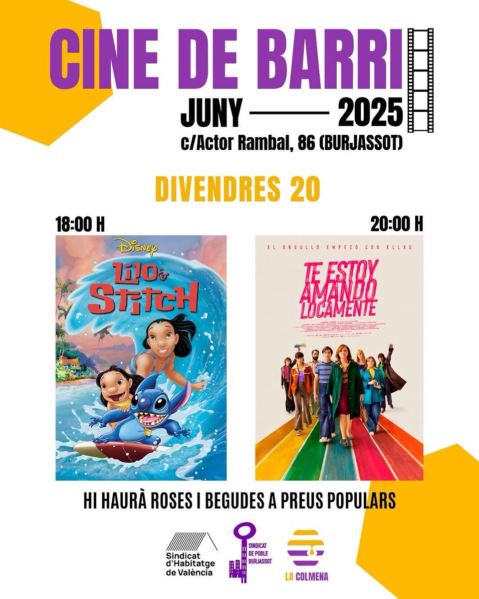 🎬CINE DE BARRI A LA COLMENA

👉🏻El divendres 20 de juny continuem amb l'oci gratuït, oferint dos pel·lícules: 'Lilo y Stitch' i 'Te estoy amando locamente'.
Hi haurà roses i begudes q preus populars. 

❤️‍🔥Enfortim les estructures i espais sota control de la classe treballadora!