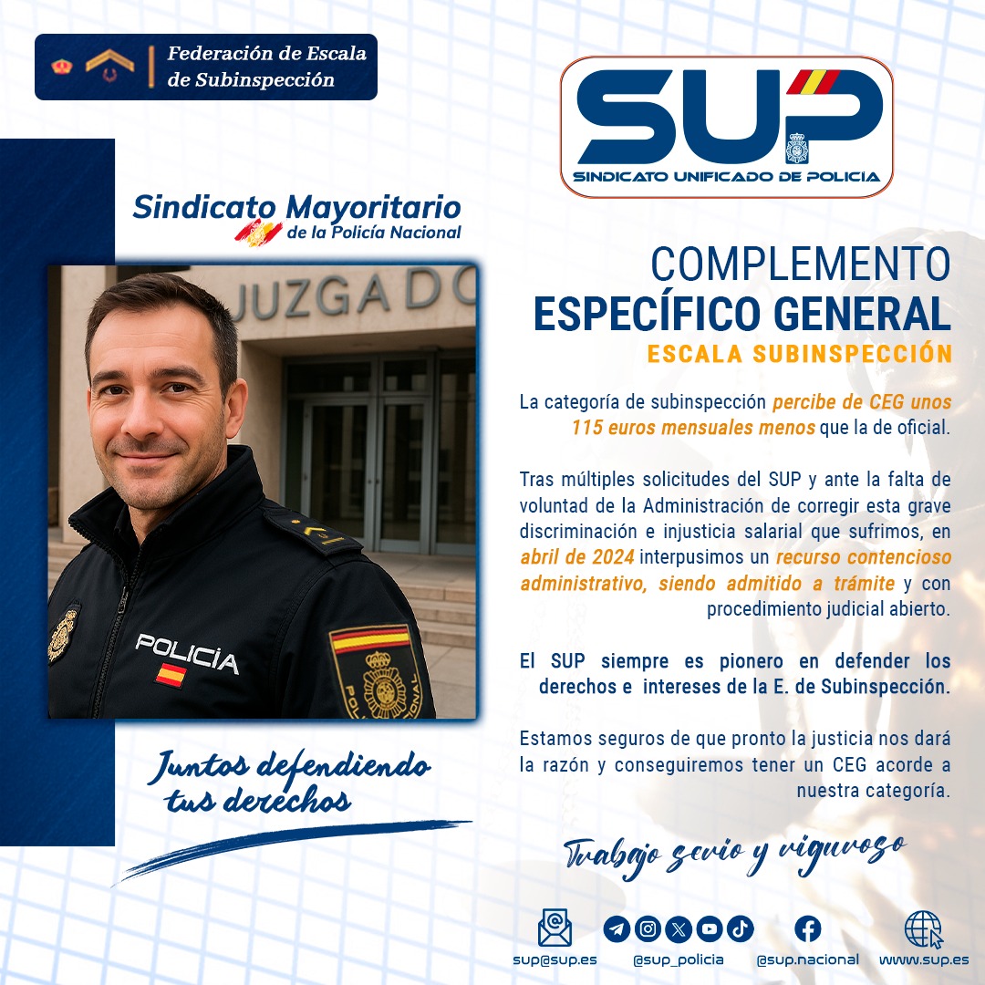 Sup_Policia's tweet photo. La Escala de Subinspección cobra sobre 1️⃣1️⃣5️⃣€ menos que los Oficiales en el Complemento Específico General 
En abril de 2️⃣0️⃣2️⃣4️⃣ ante la negativa de la Administración de solventar esta injusticia, interpusimos Contencioso y fue admitido a trámite
Pronto la Justicia nos dará la razón
El SUP te da Seguridad Jurídica