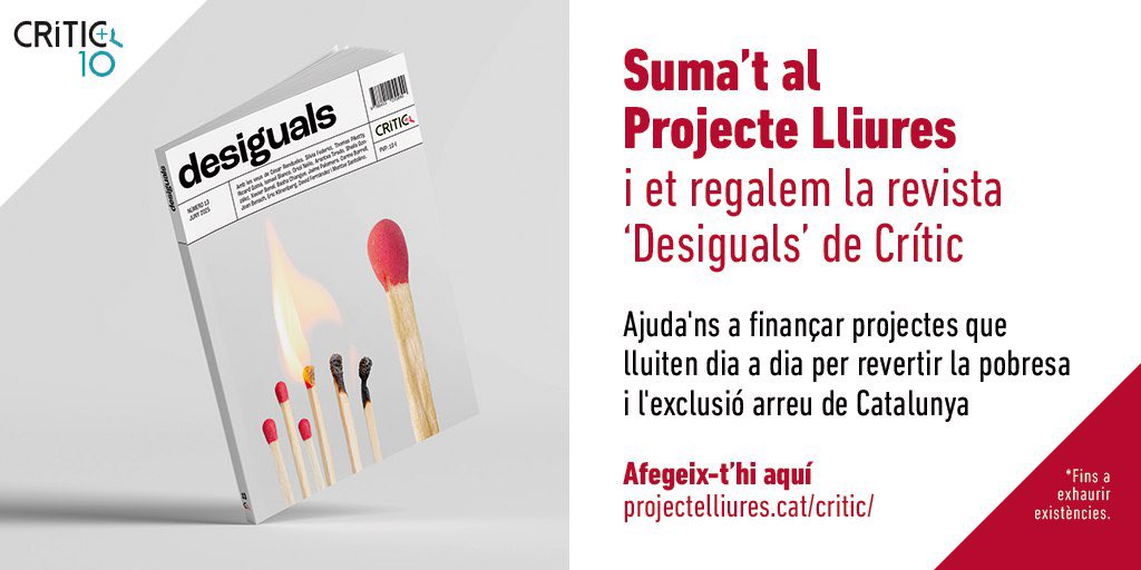Projecte Lliures (@projectelliures) on Twitter photo #PROMOCIÓ | Ara, si et sumes al Lliures, t’enviem de regal la revista ‘Desiguals’, de <a href="/SentitCritic/">elcritic.cat</a>: el monogràfic que analitza les desigualtats socials a Catalunya.
Amb el teu compromís, estàs impulsant iniciatives que planten cara a les desigualtats.
projectelliures.cat/critic/ #PROMOCIÓ | Ara, si et sumes al Lliures, t’enviem de regal la revista ‘Desiguals’, de <a href="/SentitCritic/">elcritic.cat</a>: el monogràfic que analitza les desigualtats socials a Catalunya.
Amb el teu compromís, estàs impulsant iniciatives que planten cara a les desigualtats.
projectelliures.cat/critic/
