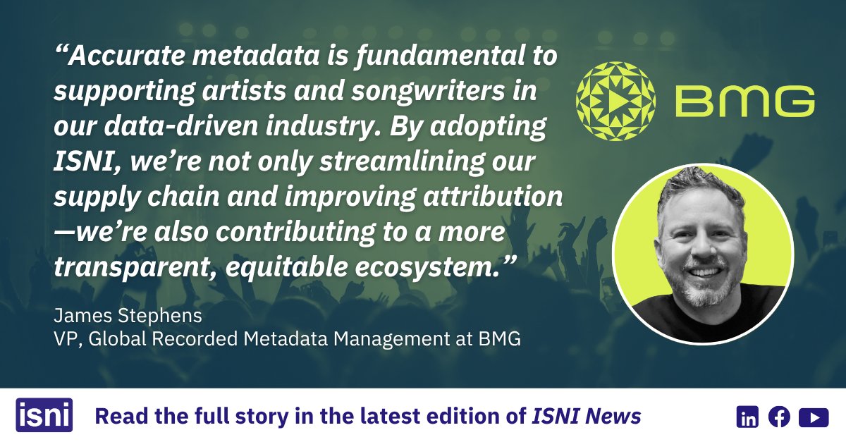ISNI International Agency (@isni_id) on Twitter photo 🎶New Member Spotlight: <a href="/BMG/">BMG</a> joins #ISNI!🎶
With 3M+ recordings & a global reach, #BMG is embedding ISNIs in its metadata to support fair credit & transparency in music—demonstrating leadership in building a more connected #music ecosystem!
🔗Full story: isni.org/resources/html… 🎶New Member Spotlight: <a href="/BMG/">BMG</a> joins #ISNI!🎶
With 3M+ recordings & a global reach, #BMG is embedding ISNIs in its metadata to support fair credit & transparency in music—demonstrating leadership in building a more connected #music ecosystem!
🔗Full story: isni.org/resources/html…