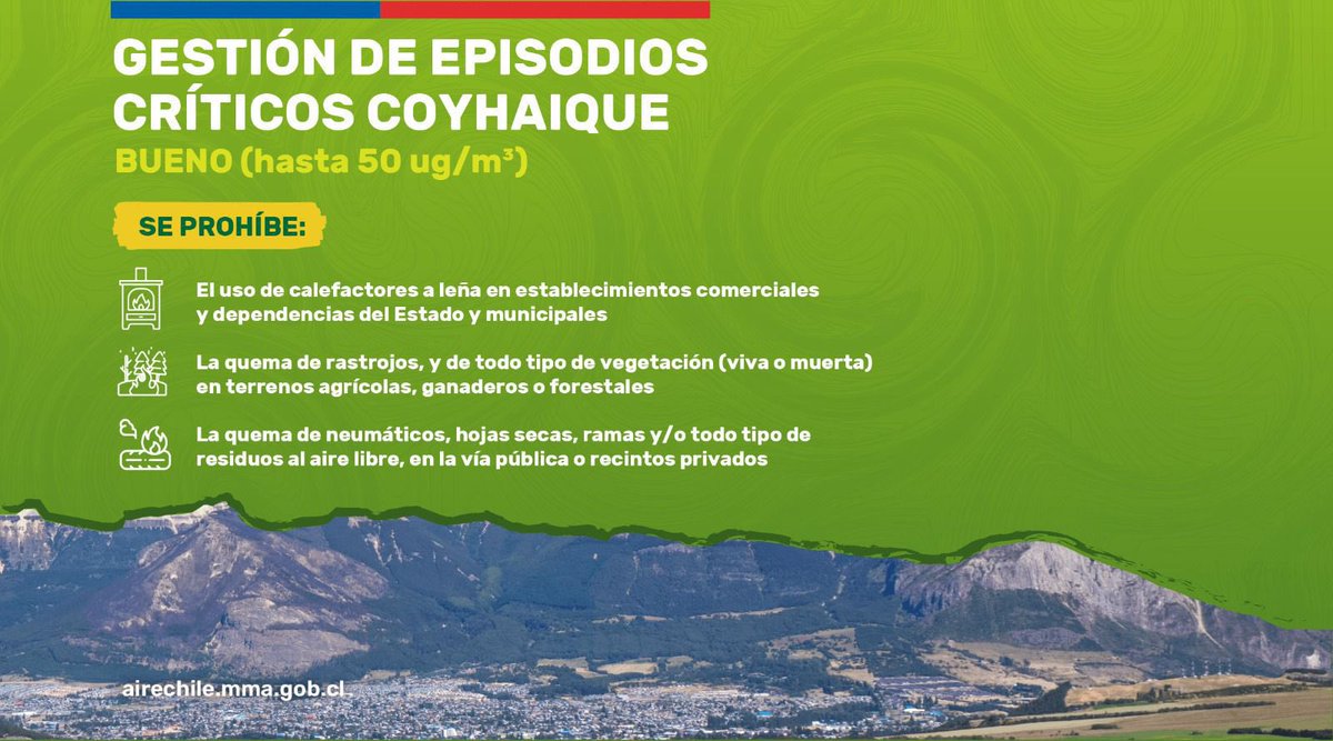 La Delegación Presidencial Regional de Aysén declara que para este martes 17 de junio, el pronóstico de calidad del aire en Coyhaique será BUENO
Para mayor información visita la página web    airecoyhaique.mma.gob.cl