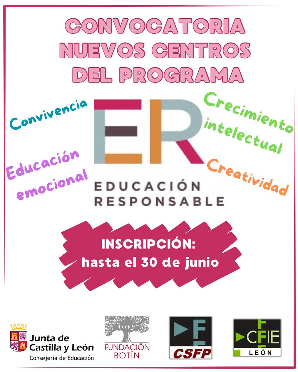 CFIELeón (@cfiedeleon) on Twitter photo 🚨¡¡¡NUEVA CONVOCATORIA!!!🚨
INSCRIPCIÓN DE NUEVOS CENTROS AL PROGRAMA EDUCACIÓN RESPONSABLE💙💛💚
<a href="/educacyl/">Educación JCyL</a> <a href="/educacionFB/">EducaciónResponsable</a> <a href="/fundacionbotin/">Fundación Botín</a> <a href="/CSFPJCYL/">CSFP</a>
INSCRIPCIÓN: hasta el 3️⃣0️⃣ de junio.
ℹ️ : csfp.centros.educa.jcyl.es/sitio/
#formacionCyL
#educaciónemocional
#convivenciaescolar 🚨¡¡¡NUEVA CONVOCATORIA!!!🚨
INSCRIPCIÓN DE NUEVOS CENTROS AL PROGRAMA EDUCACIÓN RESPONSABLE💙💛💚
<a href="/educacyl/">Educación JCyL</a> <a href="/educacionFB/">EducaciónResponsable</a> <a href="/fundacionbotin/">Fundación Botín</a> <a href="/CSFPJCYL/">CSFP</a>
INSCRIPCIÓN: hasta el 3️⃣0️⃣ de junio.
ℹ️ : csfp.centros.educa.jcyl.es/sitio/
#formacionCyL
#educaciónemocional
#convivenciaescolar