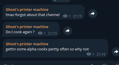 Alr ima get active again proly will post some cooks in tg 

t.me/Ghostprinterma…