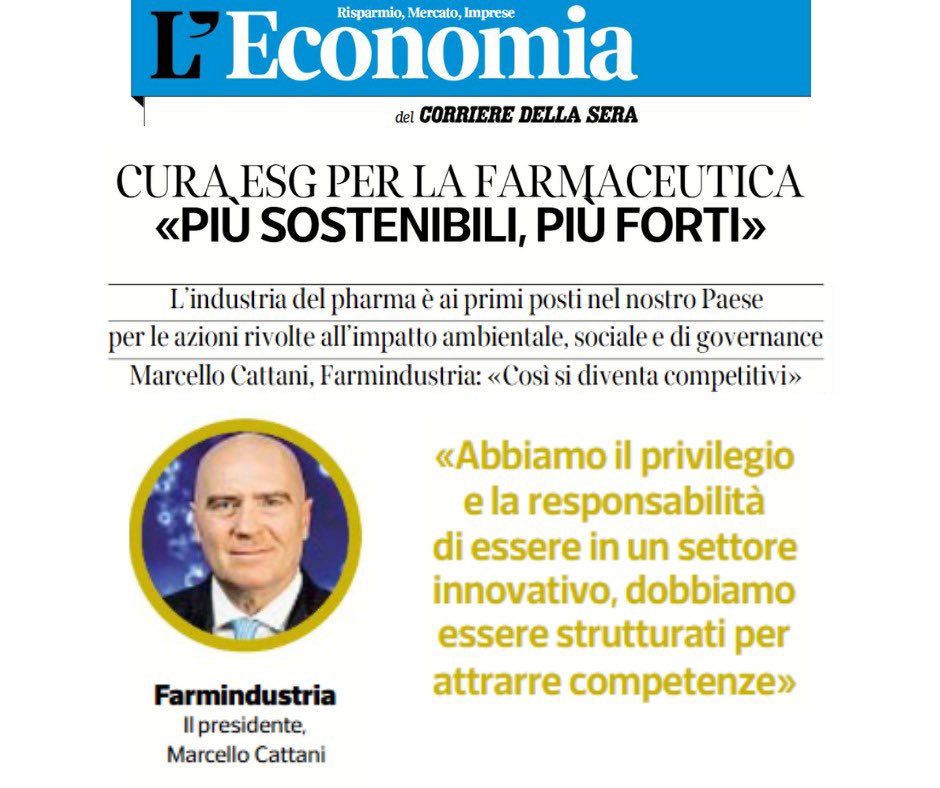 Farmindustria (@farmindustriatw) on Twitter photo Oggi su L’Economia del <a href="/Corriere/">Corriere della Sera</a> articolo di <a href="/AlessandraPuato/">Alessandra Puato</a> su una ricerca di #Farmindustria realizzata con la <a href="/ScuolaSantAnna/">ScuolaSantAnna</a> dal titolo "Sostenibilità , motore di innovazione e attrattività " con dichiarazioni anche di <a href="/MarcelloCattani/">Marcello Cattani</a> Oggi su L’Economia del <a href="/Corriere/">Corriere della Sera</a> articolo di <a href="/AlessandraPuato/">Alessandra Puato</a> su una ricerca di #Farmindustria realizzata con la <a href="/ScuolaSantAnna/">ScuolaSantAnna</a> dal titolo "Sostenibilità , motore di innovazione e attrattività " con dichiarazioni anche di <a href="/MarcelloCattani/">Marcello Cattani</a>
