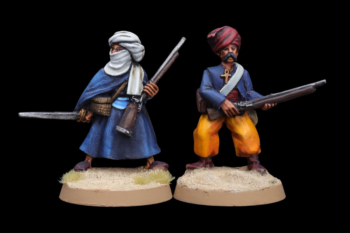 Mr. Bono and I started the Egyptian expansion to The Silver Bayonet  several months ago and I've finally finished painting my team this weekend. This is the Bedouin and Janissary (it's a Napoleonic skirmish style game).

#paintingminiatures  #historicals #wargaming #tabletopgames