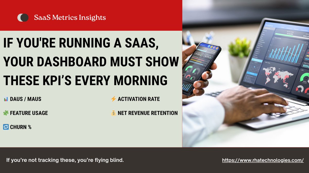 rhatechnologies's tweet photo. Hey there, SaaS superstars! 🚀 Start your day with a clear view of your business. Make sure your dashboard is showing these crucial KPIs every morning:

1️⃣ DAUs / MAUs - Know your active users daily and monthly. 
2️⃣ Activation Rate - Track how many users are really getting into your service. 
3️⃣ Feature Usage - Understand what's hot and what's not in your features. 
4️⃣ Net Revenue Retention - Keep an eye on your financial growth. 
5️⃣ Churn % - Monitor how many users are leaving.
Don't fly blind, track these KPIs and soar high! 🦅 #SaaS #KPIs #BusinessGrowth