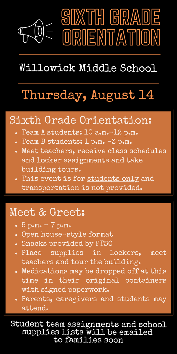🧡🖤We’re looking forward to welcoming our incoming sixth grade students and families to Willowick Middle School for orientation on August 14th! #mychoicewilloughbyeastlake #WEareonthemove