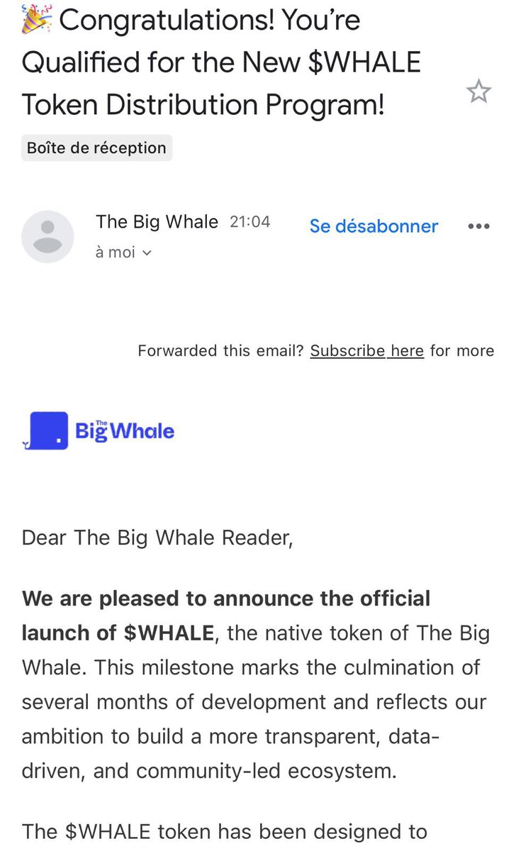 Raphaël Bloch 🐳 (@raph_bloch) on Twitter photo 🔴 URGENT
Comme d'autres médias crypto, <a href="/TheBigWhale_/">The Big Whale 🐳</a> fait l'objet d'une campagne de faux emails annonçant la distribution d'un token.
C'est évidemment faux.
❌ Ne cliquez sur aucun lien et vérifiez les adresses d'expédition.
Merci de partager 🙌 🔴 URGENT
Comme d'autres médias crypto, <a href="/TheBigWhale_/">The Big Whale 🐳</a> fait l'objet d'une campagne de faux emails annonçant la distribution d'un token.
C'est évidemment faux.
❌ Ne cliquez sur aucun lien et vérifiez les adresses d'expédition.
Merci de partager 🙌