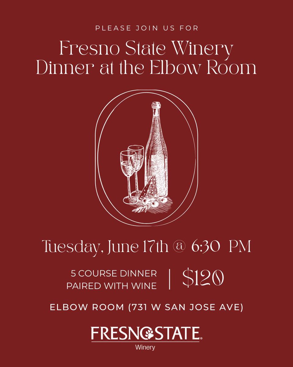 Today's the deadline to RSVP for a special dinner paired with amazing <a href="/Fresno_State/">Fresno State</a> wines this Tuesday (6/17, 6pm) at The Elbow Room! Contact winery_info@mail.fresnostate.edu or call 559.278.6070 for more info. RSVP: bit.ly/FS25-winery-el… Pay: bit.ly/FS25-winery-el…