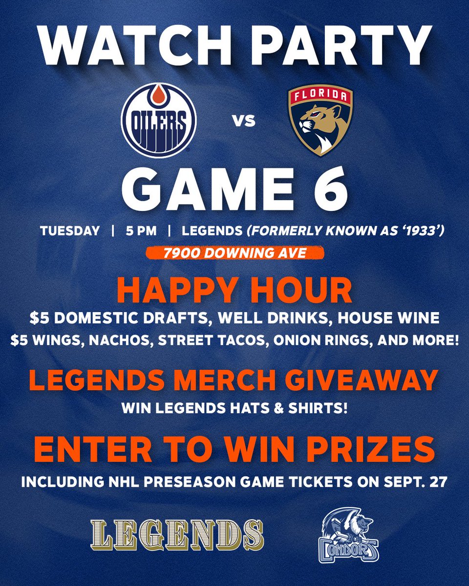 Cheer on the Edmonton Oilers at Legends TOMORROW NIGHT‼️

Join us for Happy Hour, Legends Merch Giveaways and Enter to Win Prizes >> bit.ly/LegendsGame6