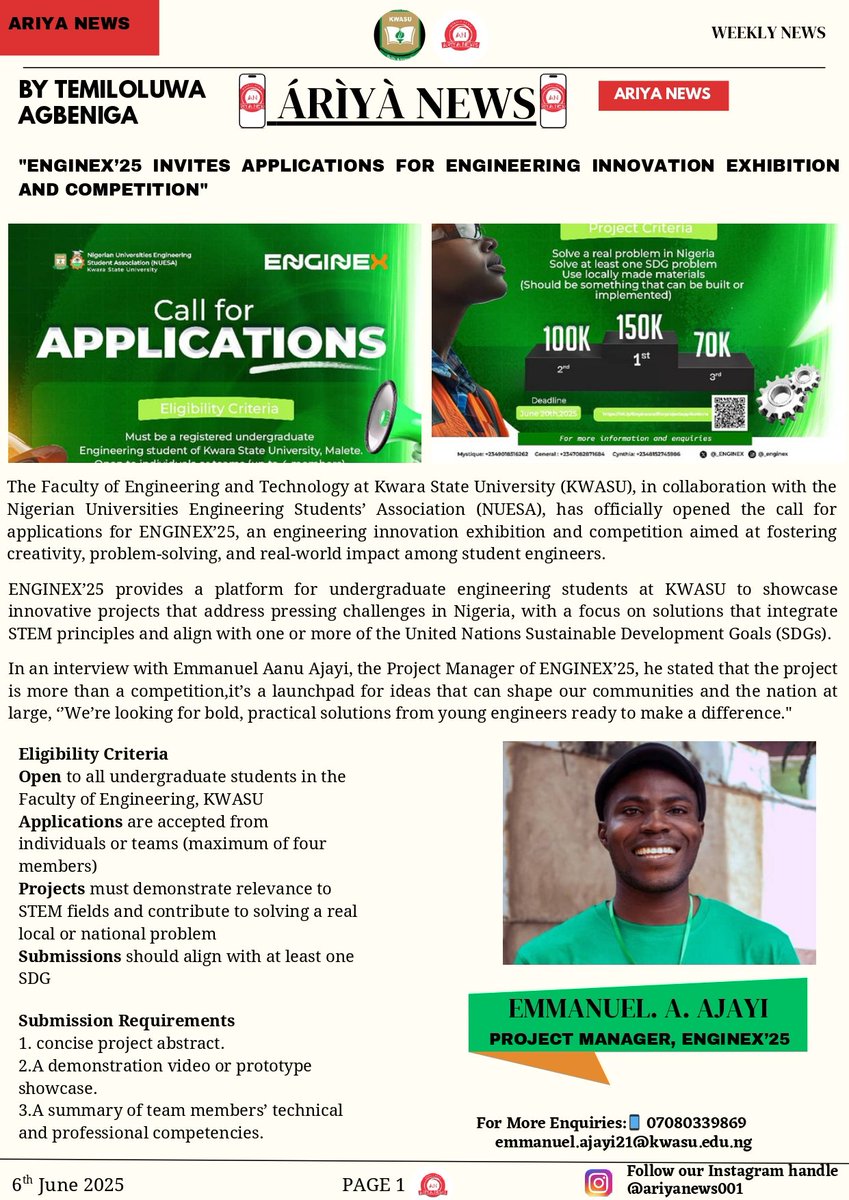 Emmanuel Aanu Ajayi🇳🇬🇳🇬🇳🇬 (@emmanuelaanu1) on Twitter photo I'm Honored to be spotlighted as Project Manager of ENGINEX ‘25!💡⚙️
Proud to lead a platform where young engineers at KWASU turn real-world problems into impactful solutions.
Let’s build the future, one idea at a time. 🇳🇬 #ENGINEX25 #STEM
<a href="/_ENGINEX/">ENGINEX(ENGINEERING INNOVATION EXHIBITION)</a> I'm Honored to be spotlighted as Project Manager of ENGINEX ‘25!💡⚙️
Proud to lead a platform where young engineers at KWASU turn real-world problems into impactful solutions.
Let’s build the future, one idea at a time. 🇳🇬 #ENGINEX25 #STEM
<a href="/_ENGINEX/">ENGINEX(ENGINEERING INNOVATION EXHIBITION)</a>