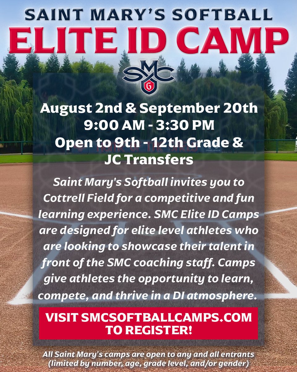 Looking to play at the next level? 🥎

Register for an SMC Softball Elite ID Camp! Showcase your skills in front of the Saint Mary’s coaching staff in a fun and competitive environment. 

🔗 Click the link in our bio to learn more and register today

#GaelsRise