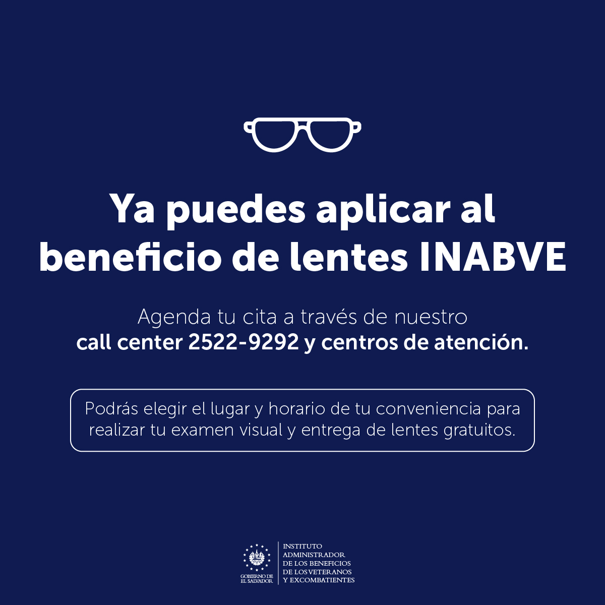 INABVESV's tweet image. ¡Estimado veterano, excombatiente y persona con discapacidad ya puedes aplicar a nuestro beneficio de lentes INABVE! 👓🤩
Agenda tu cita a través de nuestro call center y centros de atención a nivel nacional.📍🇸🇻
🕢 Horario: De 7:30 a.m. a 3:30 p.m.