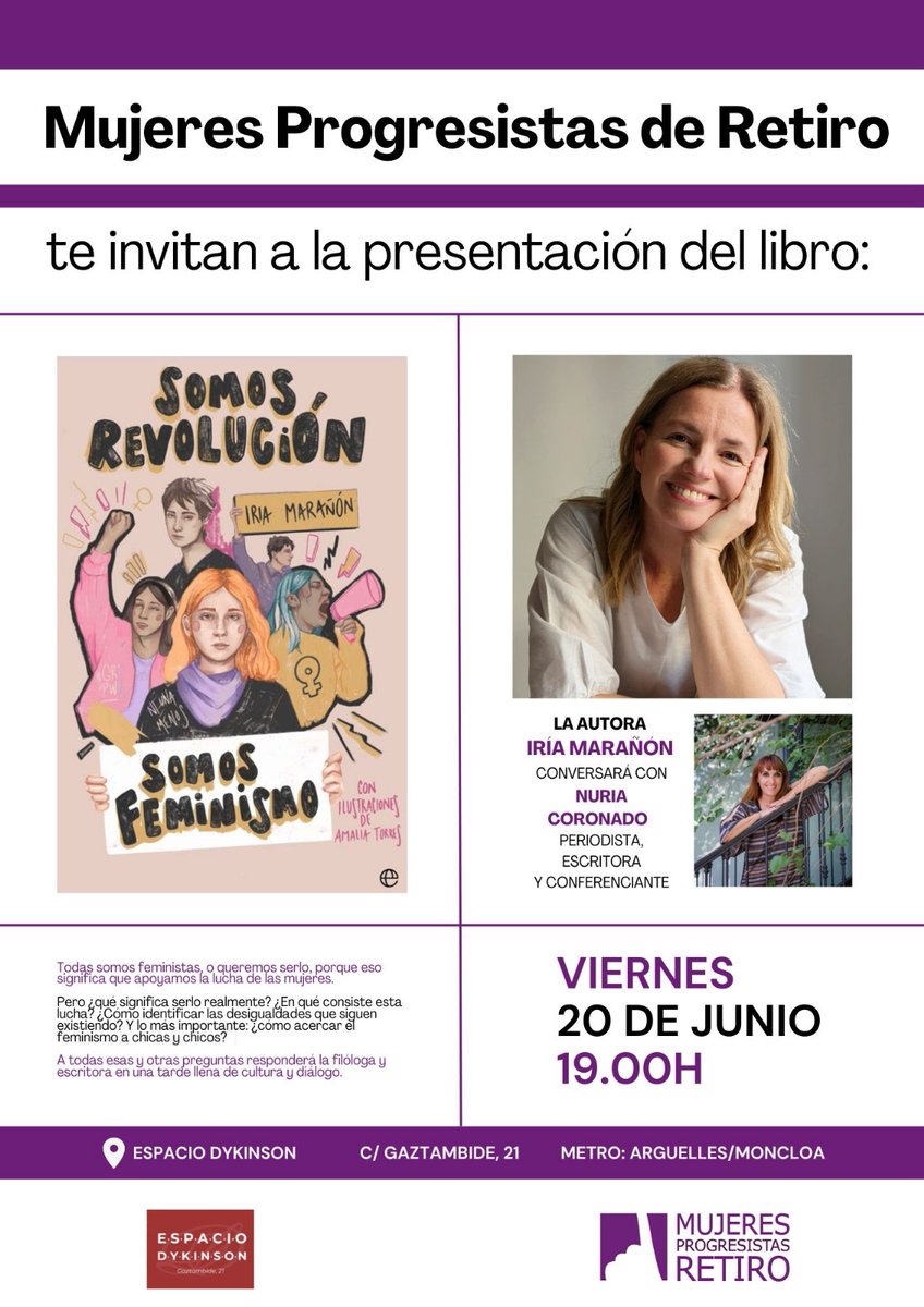 #SeHaceSaber que este viernes 20J a las 19.00h 
gracias a <a href="/AMProgresRetiro/">ASOC. MUJERES PROGRESISTAS DE RETIRO</a>
y <a href="/dykinsonlibros/">Librería - Editorial Dykinson 📚</a>
estaré conversando con <a href="/iria_maranon/">Iria Marañón</a> de la mayor y más necesaria revolución que hay: el feminismo.

¿Te apuntas?