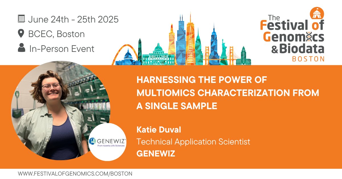 We’re delighted to have <a href="/kt_duval/">Katie Duval, PhD</a> (Technical Application Scientist, <a href="/GENEWIZSciences/">GENEWIZ from Azenta Life Sciences</a>) join us at The Festival of Genomics &amp; Biodata, Boston. Katie will dive into technological advances in #multiomic analyses and more! Register today: hubs.la/Q03rqlfY0 #FOGBoston