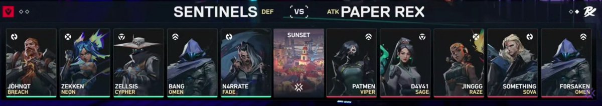 IPentx's tweet photo. 📷 VCT Toronto 2025 – Map 2 Incoming! 📷
Paper Rex and Sentinels have locked in their agent picks for the second round on Sunset! 📷📷
With PRX leading 1-0 after their win on Split, the pressure is on for Sentinels to even the series.
 #VCTToronto #PRXvsSEN https://t.co/VPaCLlDlYB