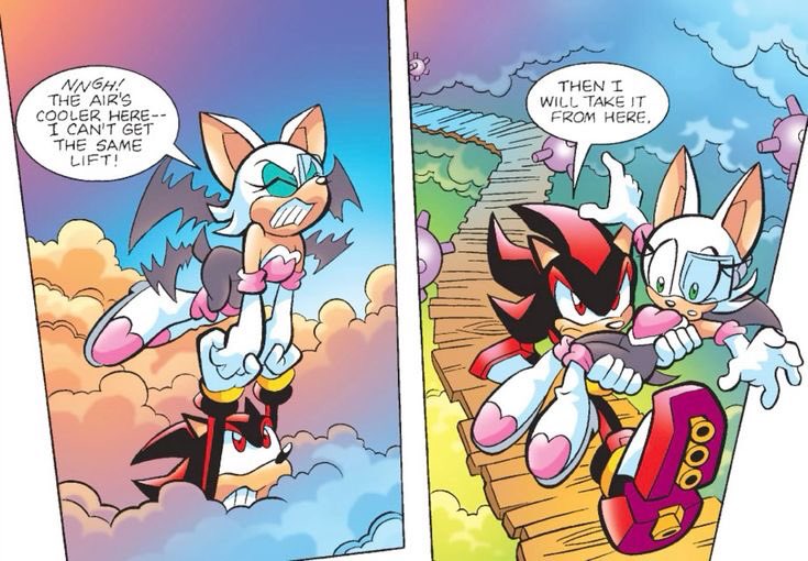 I love this panel because it is one of the many reasons why Shadow and Rouge make a great duo

Rouge starts to struggle to fly and lift Shadow, so he takes over and runs while carrying her