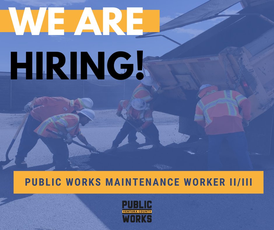 We Are Hiring! Ventura County Public Works Agency is looking for Public Works Maintenance Workers II/III.

🔗 Click on the link to apply: governmentjobs.com/careers/ventur…

For more information about Ventura County Public Works, visit our website: publicworks.venturacounty.gov

#JoinOurTeam