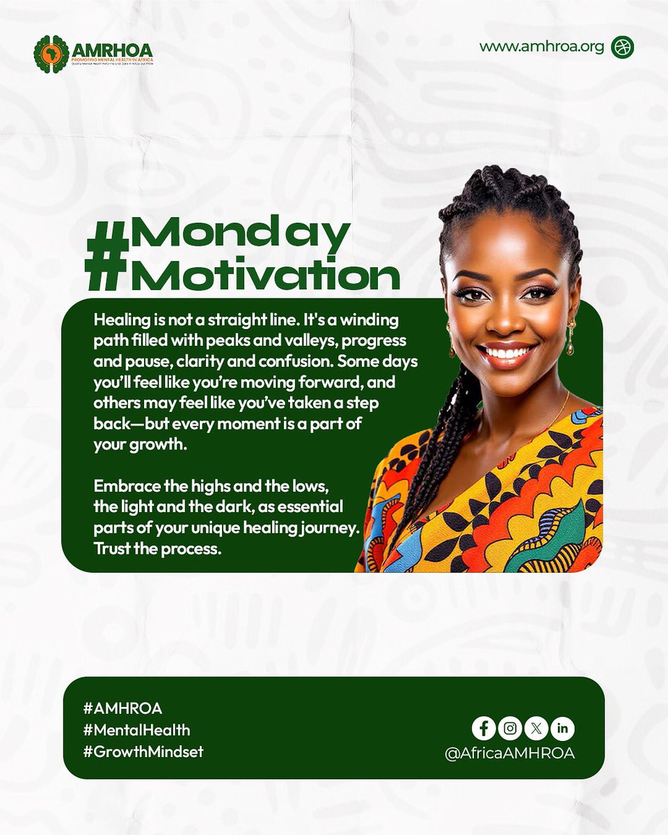 🌿 Healing isn’t linear — and that’s okay.
Every step, forward or back, is part of your growth.
Trust the process. 💚

#MondayMotivation #MentalHealth #GrowthMindset
@AfricaAMHRO