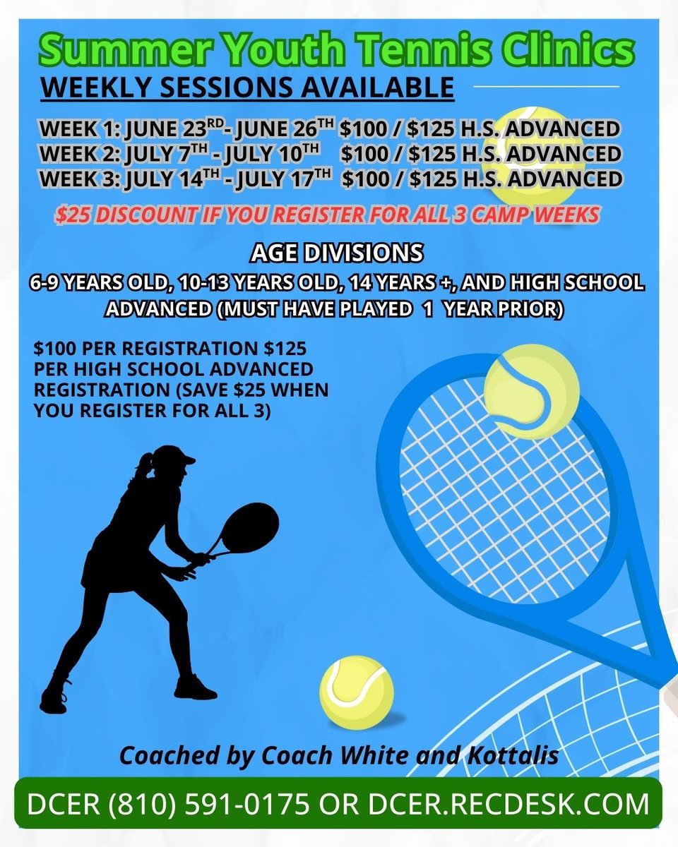 Summer Tennis Clinics are being offered through DCER.