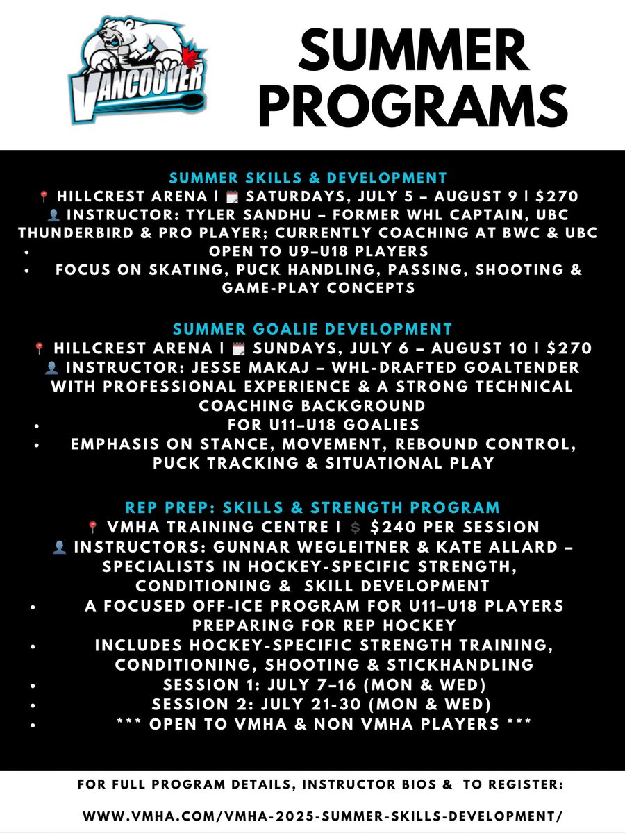 Come join VMHA this summer to enhance your hockey skills! 💥🏒☀️

Summer programs for U9 to U18 are open for registration! For full program details, instructor bios and to register, please visit: 

vmha.com/vmha-2025-summ…

#VMHA #vanminorhockey #BCHockey #minorhockey #Summer2025