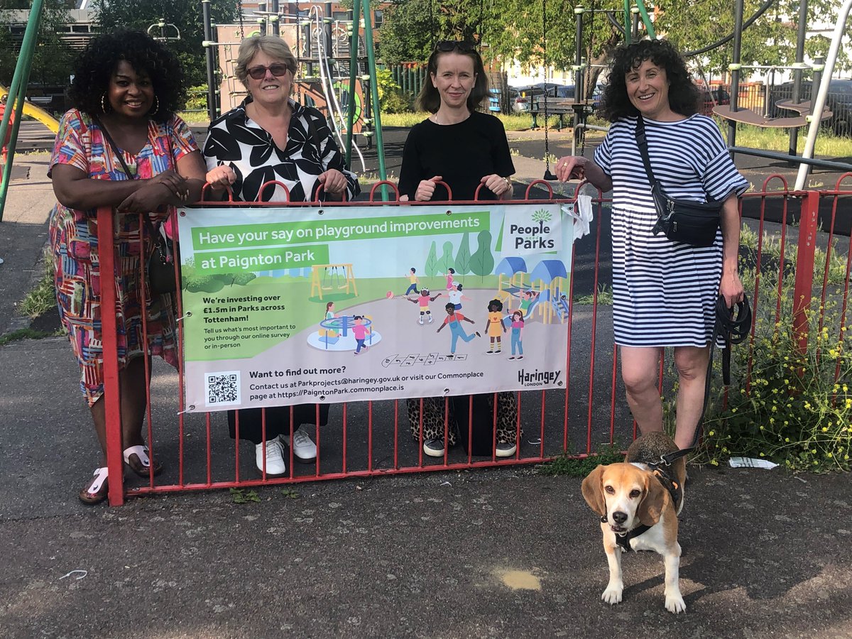 haringeycouncil's tweet photo. #Leisure Lead, Cllr @ekarkell, has visited Friends group representatives, local #community leaders &amp; ward Cllrs at #MarkfieldPark &amp; #PaigntonPark today.

We're investing £1.5m on improvement works in 8⃣ #Haringey #parks &amp; we want to hear from YOU!
ℹ️: https://t.co/sxmtMFTr4U 🗣️🛝 https://t.co/OsZfRxtBNt