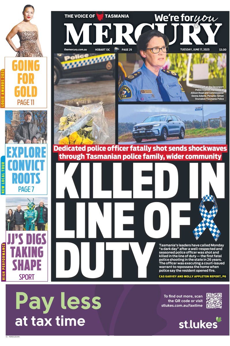 ★ Killed In Line Of Duty

▫Tasmania’s leaders have called Monday “a dark day” after a well-respected police officer was shot and killed in the line of duty — the first fatal police shooting in the state in 26 years
▫Cas Garvey &amp; Molly Appleton

#frontpagestoday #Tasmania