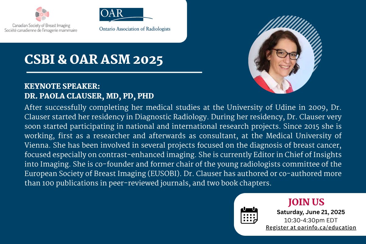 Canadian Society of Breast Imaging (@canadasbi) on Twitter photo Reminder: Radiologists & breast imaging professionals - save the date!
Gain global perspective & practical insights from our keynote speaker, <a href="/paolaclauser/">Paola Clauser</a>, a leading voice in CEM innovation and clinical practice.
Register now: oarinfo.ca/education
#Radiology #BreastImaging Reminder: Radiologists & breast imaging professionals - save the date!
Gain global perspective & practical insights from our keynote speaker, <a href="/paolaclauser/">Paola Clauser</a>, a leading voice in CEM innovation and clinical practice.
Register now: oarinfo.ca/education
#Radiology #BreastImaging