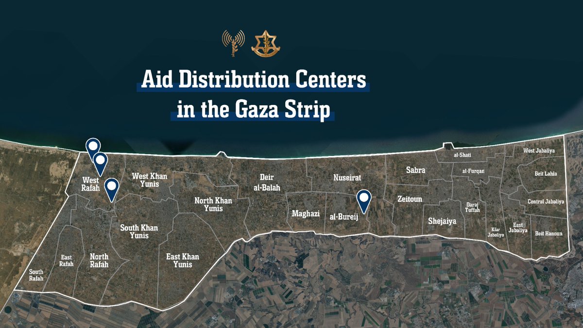 cogatonline's tweet photo. Today, for the first time, all four distribution centers operated by international aid organizations and GHF operated simultaneously in the Gaza Strip:

Near the Netzarim Corridor, in the Tel al-Sultan neighborhood, in the Morag area, and in the Saudi neighborhood west of the Philadelphi Corridor.

According to information received from the GHF organization, since the start of the distribution centers' operation, 442,080 weekly food packages have been distributed to families in the Gaza Strip. 

We will continue enabling humanitarian aid in the Gaza Strip while making every effort to ensure that the aid does not reach Hamas.