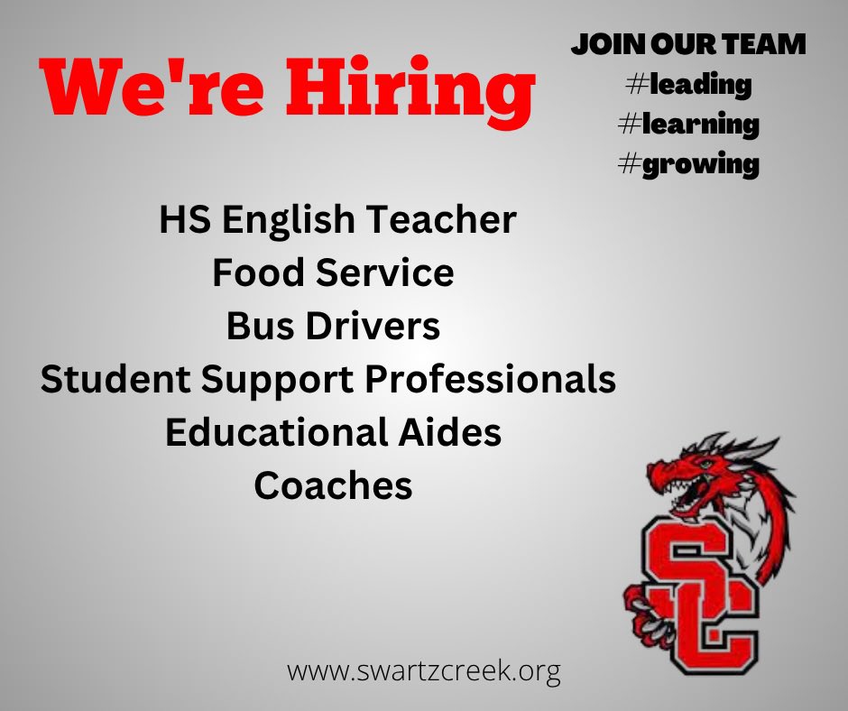🚨 We’re Hiring! 🚨
Come join the Dragon team! Swartz Creek Community Schools is currently seeking passionate, dedicated individuals to help us lead, learn, and grow.

If you’re ready to make a difference, apply today!
👉 jobs.redroverk12.com/org/SCCS
#NowHiring #LeadingLearningGrowing