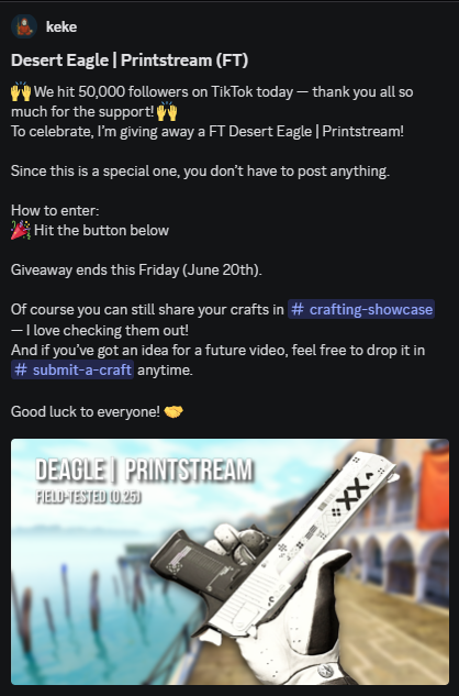 We just hit 50k followers on TikTok, so we’re giving away a FT Deagle Printstream on Discord! 🎉
Link to the Discord is pinned in the profile — see you over there &amp; good luck!