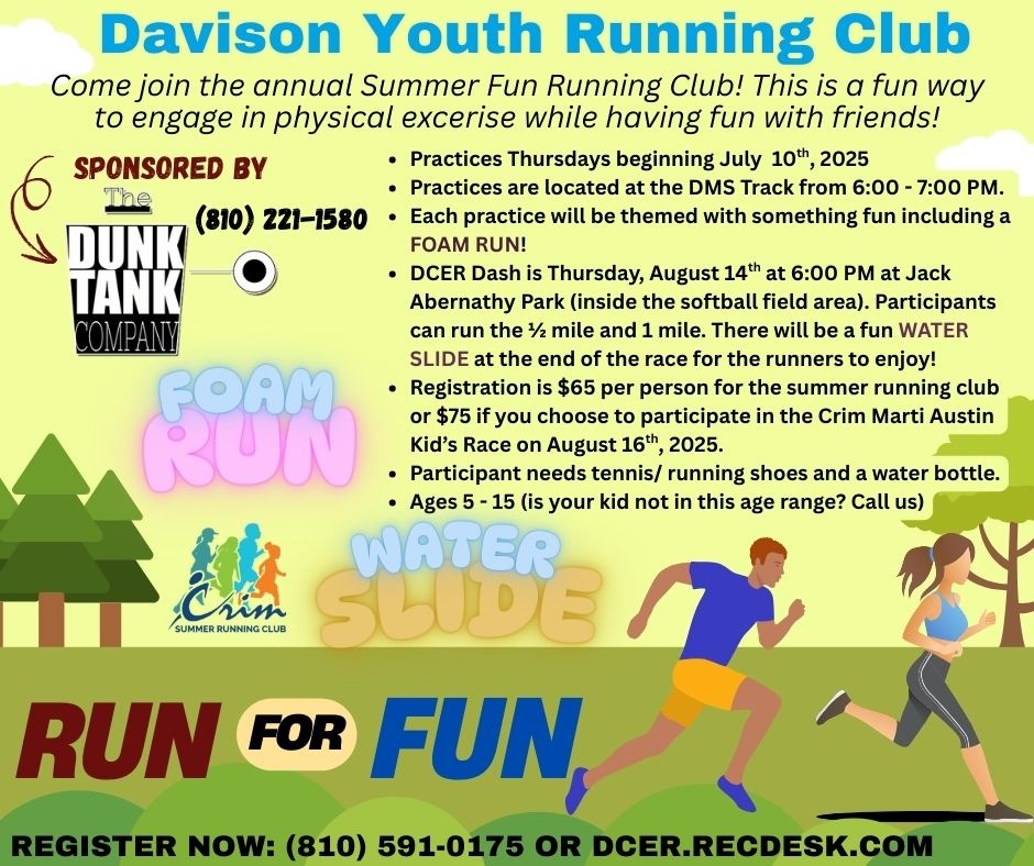 Come join our annual Davison Youth Running Club. Practices are held on Thursdays, beginning July 10. Ages 5-15.