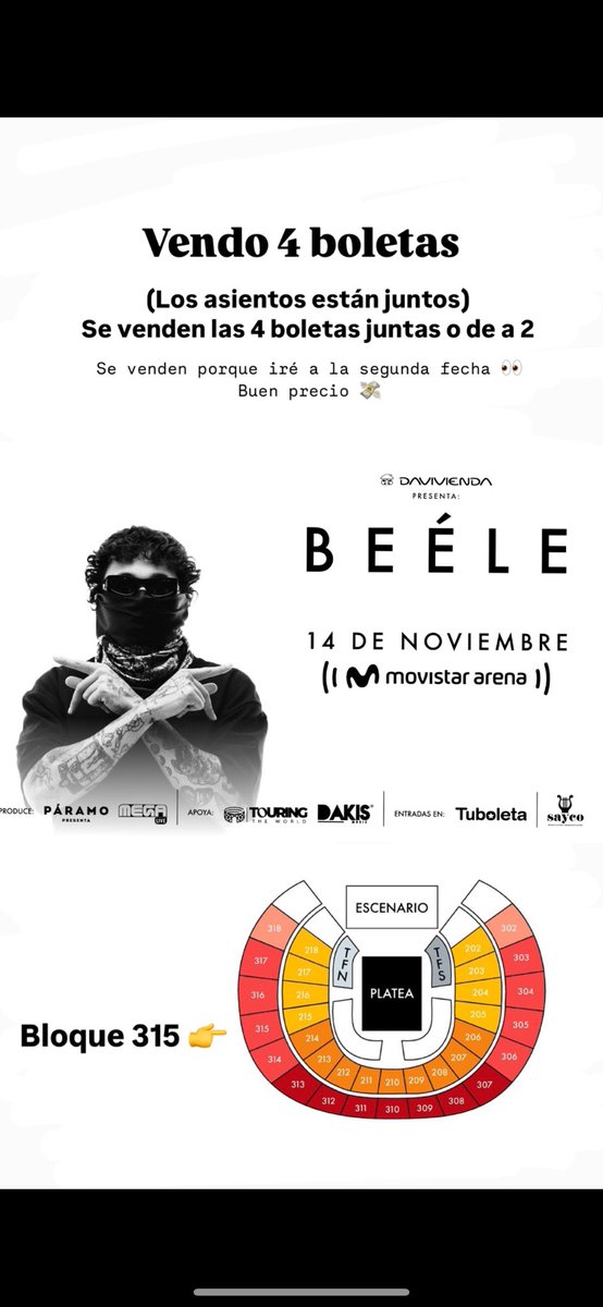 Vendo boletas para Beele en Bogotá 14 de noviembre Movistar Arena. Buen precio 🤑 (las vendo porque voy a la segunda fecha) #borondo #tuboleta #beele