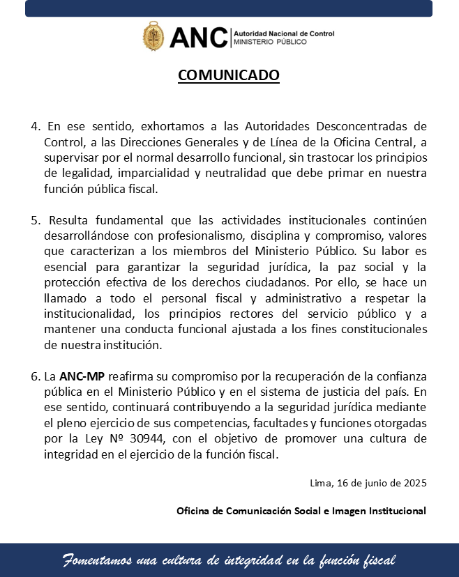 #Comunicado La Autoridad Nacional de Control del Ministerio Público informa: