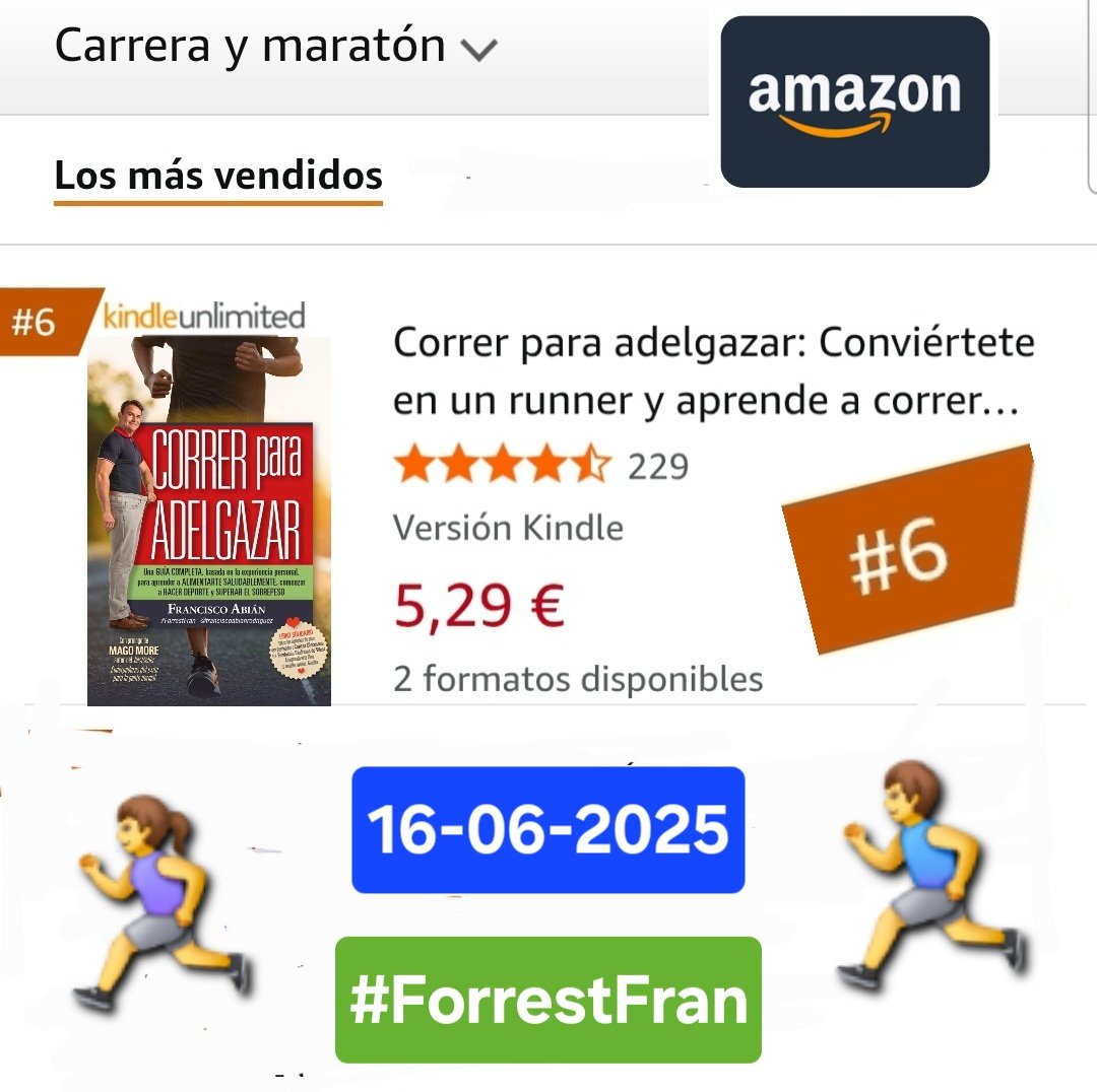 Francisco Abián (@franciscoabian) on Twitter photo ¡CORRER PARA ADELGAZAR n° 6 en ventas en Amazon en la categoría "Carrera y maratón" en formato ebook! 👏🏻👏🏻👏🏻📚📚📚🔝🔝🔝6️⃣😃😃
<a href="/ForrestFran_/">Francisco Abián #ForrestFran</a> ¡CORRER PARA ADELGAZAR n° 6 en ventas en Amazon en la categoría "Carrera y maratón" en formato ebook! 👏🏻👏🏻👏🏻📚📚📚🔝🔝🔝6️⃣😃😃
<a href="/ForrestFran_/">Francisco Abián #ForrestFran</a>