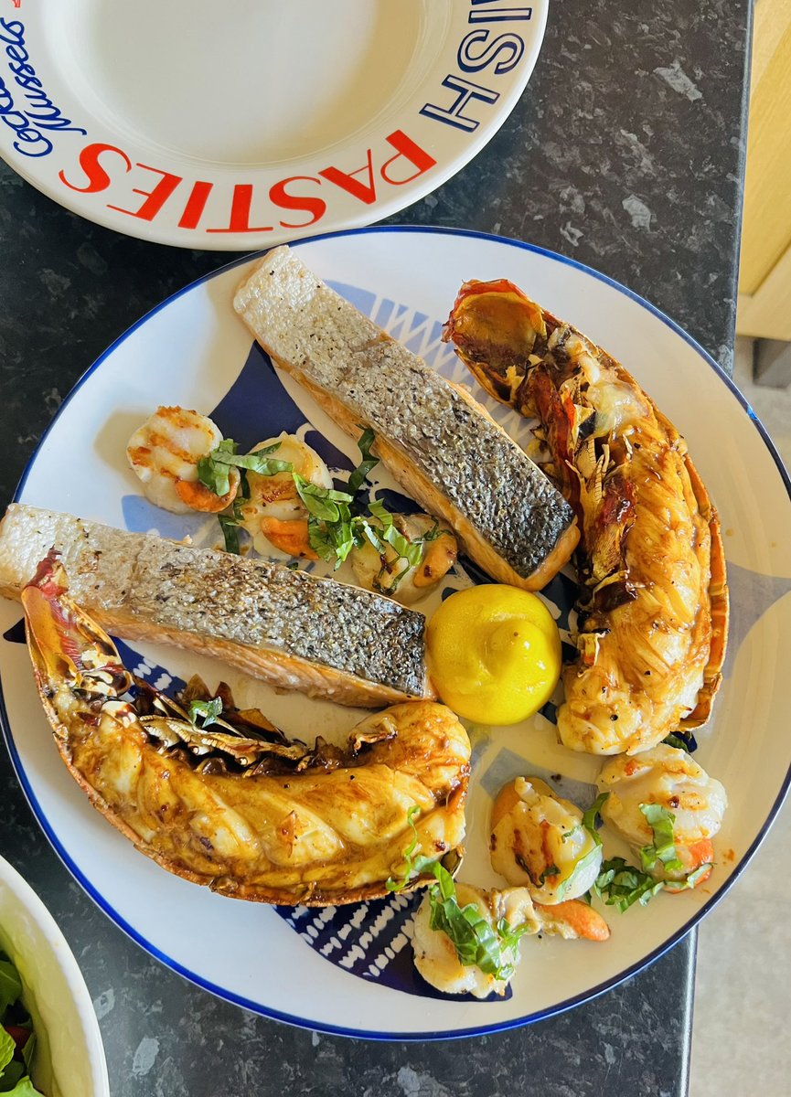 An evening seafood platter to suit the weather #salmon #scallops #lobster