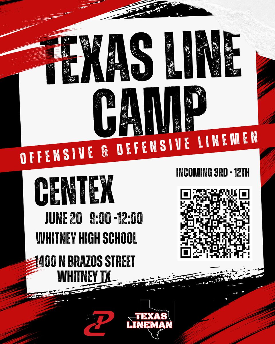 TexasLineCamp's tweet image. Linemen... Looking for EXTRA WORK?

Texas Line Camp - Central Texas 

📅June 20th -- 9:00 am - Noon
🏟️Whitney High School - Wildcat Stadium 
🐂 Up to 12th Grade

Movement / Fundamentals / Technique / Fun

@CoachHaynesJr

Scan the QR code  or Click Link ⬇️ forms.gle/GT9PVxkpbgDatK…